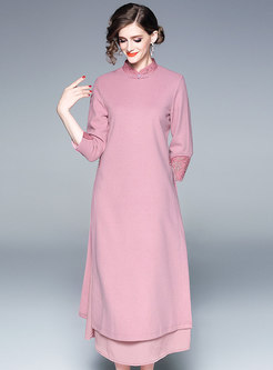 Winter Woolen Splicing Mandarin Collar Embroidered Maxi Dress