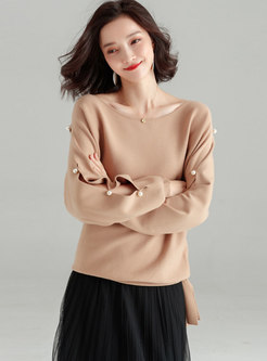 Casual Pure Color O-neck Long Sleeve Beaded Sweater