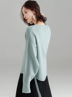 Stylish Crew-neck Long Sleeve Belted Sweater