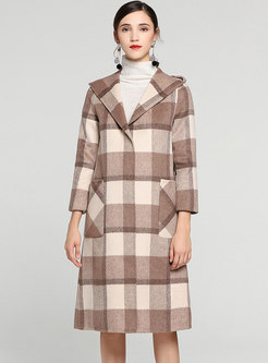 Brief Plaid Hooded Straight Woolen Coat