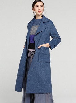Pure Color Notched Belted Slim Woolen Coat