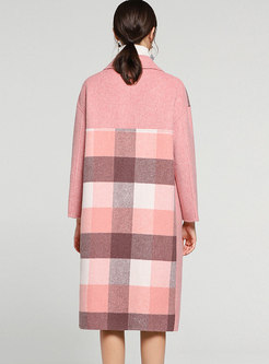 Trendy Pink Plaid Turn Down Collar Double-breasted Coat