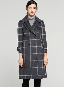 Elegant GridTurn Down Collar Double-breasted Slim Woolen Coat