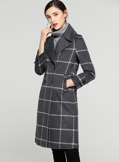 Elegant GridTurn Down Collar Double-breasted Slim Woolen Coat