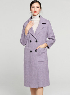 Light Purple Notched Double-breasted Slim Woolen Coat