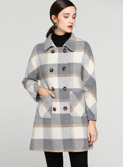 Winter Color-blocked Plaid Lapel Double-breasted Straight Coat