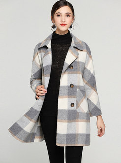 Winter Color-blocked Plaid Lapel Double-breasted Straight Coat