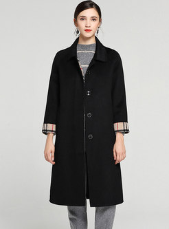 Chic Grid Splicing Lapel Single-breasted Straight Woolen Coat