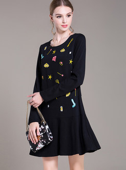 O-neck Long Sleeve Embroidered Falbala Dress