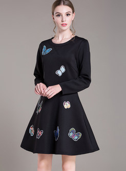 Plus Size Plush Thermal Butterfly Print Dress