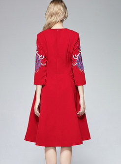 Elegant Three Quarters Sleeve Embroidered A Line Dress