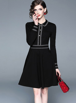 Black Doll Collar High Waisted Slim Skater Dress