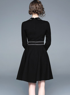 Black Doll Collar High Waisted Slim Skater Dress