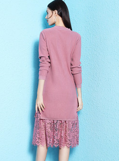 Solid Color Slim Lace Splicing Knitted Shift Dress