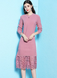 Solid Color Slim Lace Splicing Knitted Shift Dress