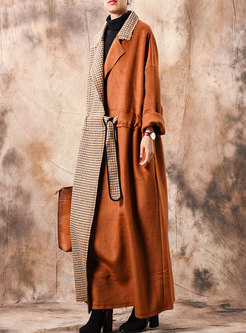 Chic Grid Splicing Notched Tied-waist Long Coat