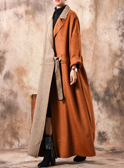 Chic Grid Splicing Notched Tied-waist Long Coat