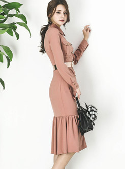 Elegant Turn-down Collar Ruffled Hem Midi Dress