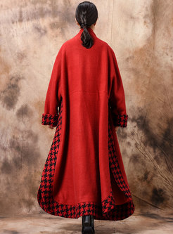 Grid Splicing Stand Collar Asymmetric Woolen Coat