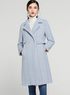 Elegant Blue Turn Down Collar Knee-length Woolen Coat