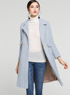 Elegant Blue Turn Down Collar Knee-length Woolen Coat