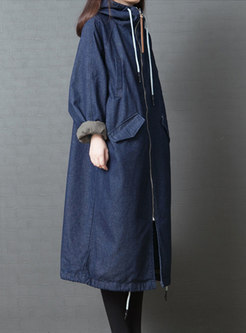 Stylish Blue Hooded Plus Size Denim Cotton Coat