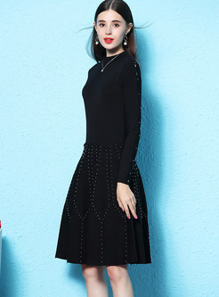 Fashion Solid Color Slim Beaded A Line Knitted Dress