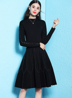 Fashion Solid Color Slim Beaded A Line Knitted Dress