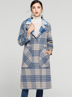 Stylish Plaid Turn Down Collar Pocket Woolen Coat