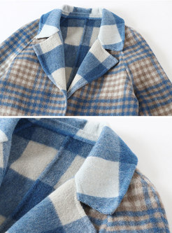Stylish Plaid Turn Down Collar Pocket Woolen Coat