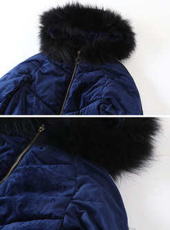 Winter Navy Fur Collar Hooded Slim Down Coat