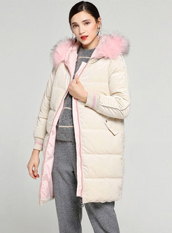 Stylish Color-blocked Fur Collar Thick Down Coat