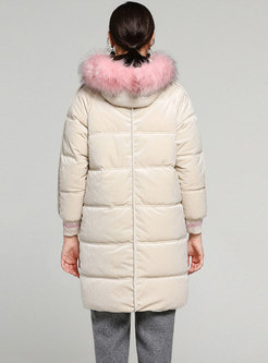 Stylish Color-blocked Fur Collar Thick Down Coat