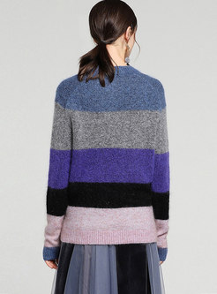 Casual Color-blocked Striped O-neck Loose Sweater
