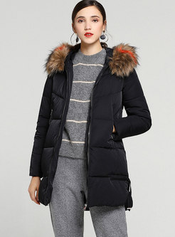 Brief Black Fur Collar Side-slit Down Coat