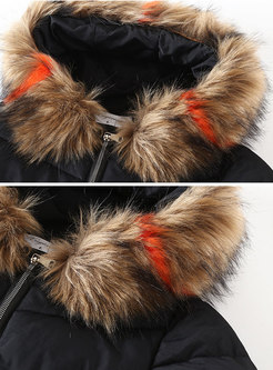 Brief Black Fur Collar Side-slit Down Coat