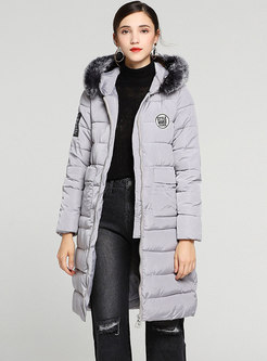 Stylish Grey Hooded Fur Collar Knee-length Loose Down Coat