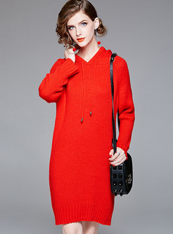 Casual Red Hooded Long Sleeve Loose Knitted Dress