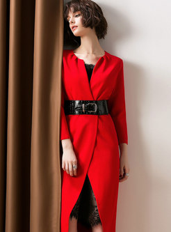 Trendy Solid Color High Waist Tied Midi Dress With Lace Lining 