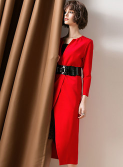 Trendy Solid Color High Waist Tied Midi Dress With Lace Lining 