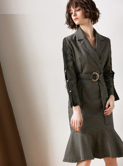 Grey Notched Long Sleeve Plaid Mermaid Belted Dress