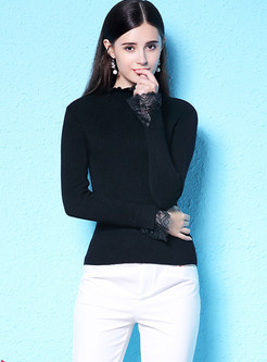High Neck Long Sleeve Splicing Lace Slim Sweater