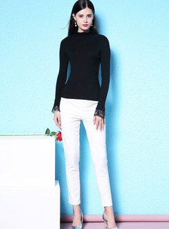 High Neck Long Sleeve Splicing Lace Slim Sweater