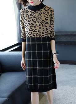 Stylish Hit Color Stitching Leopard Sweater Dress