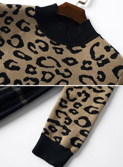 Stylish Hit Color Stitching Leopard Sweater Dress