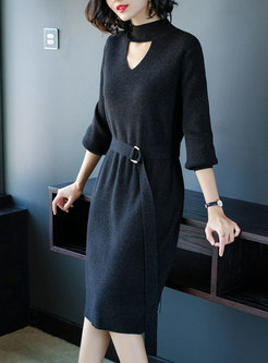 Fashion Turtle Neck Thicken Knitted Dress With Keyhole
