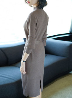 Fashion Turtle Neck Thicken Knitted Dress With Keyhole