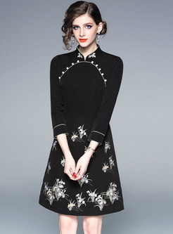 Elegant Mandarin Collar Long Sleeve Embroidered Dress