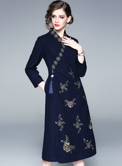 Vintage Mandarin Collar Floral Embroidery Dress