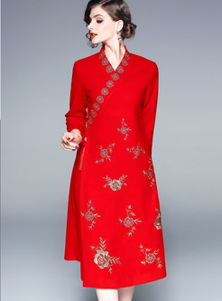 Vintage Mandarin Collar Floral Embroidery Dress